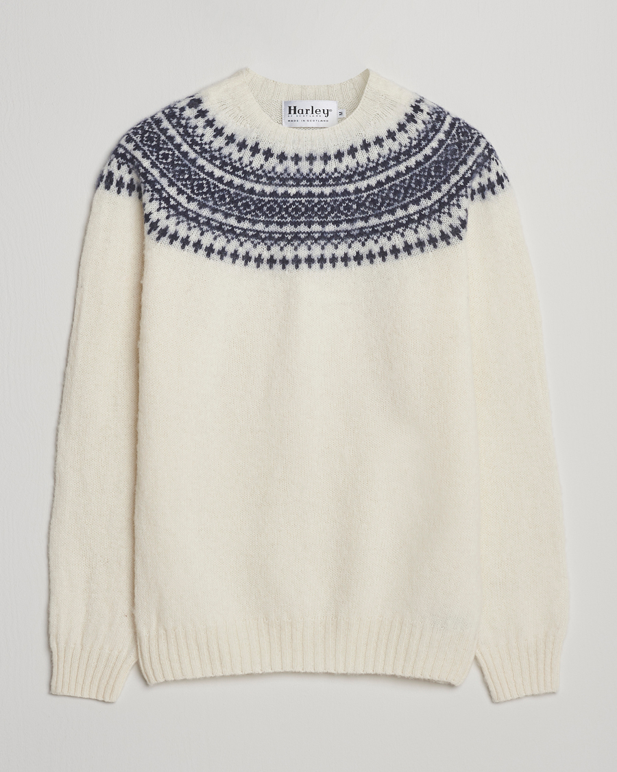 Herren | Pullover | Harley Of Scotland | Brushed Supersoft Lambswool Yolk Fairisle White