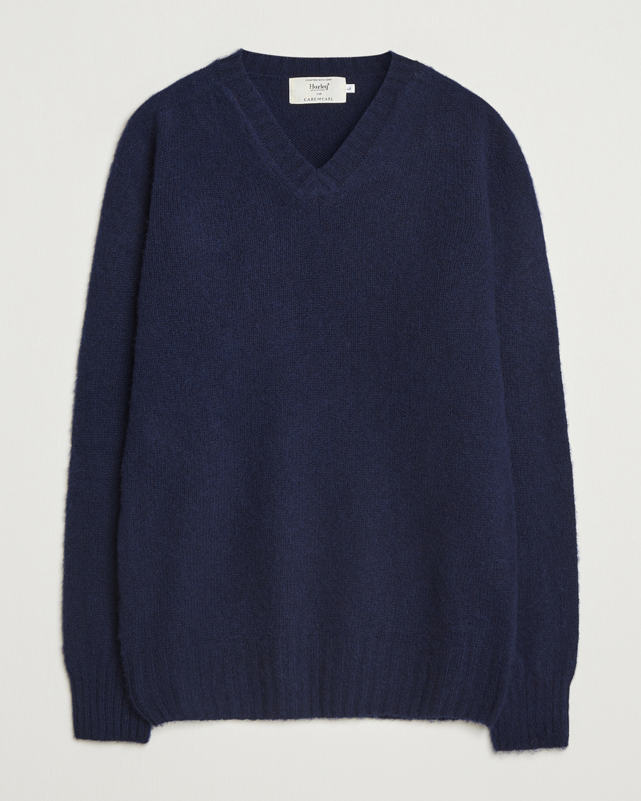 Herren | Pullover | Harley Of Scotland for Care of Carl | Harley Of Scotland Brushed Supersoft Lambswool V-Neck Navy