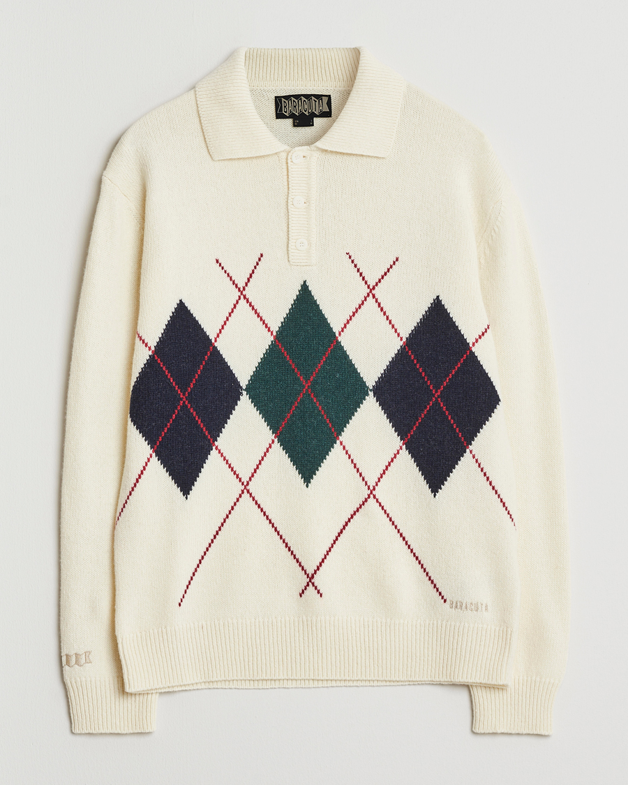 Herren | Pullover | Baracuta | Argyle Wool Polo Neck Antique White