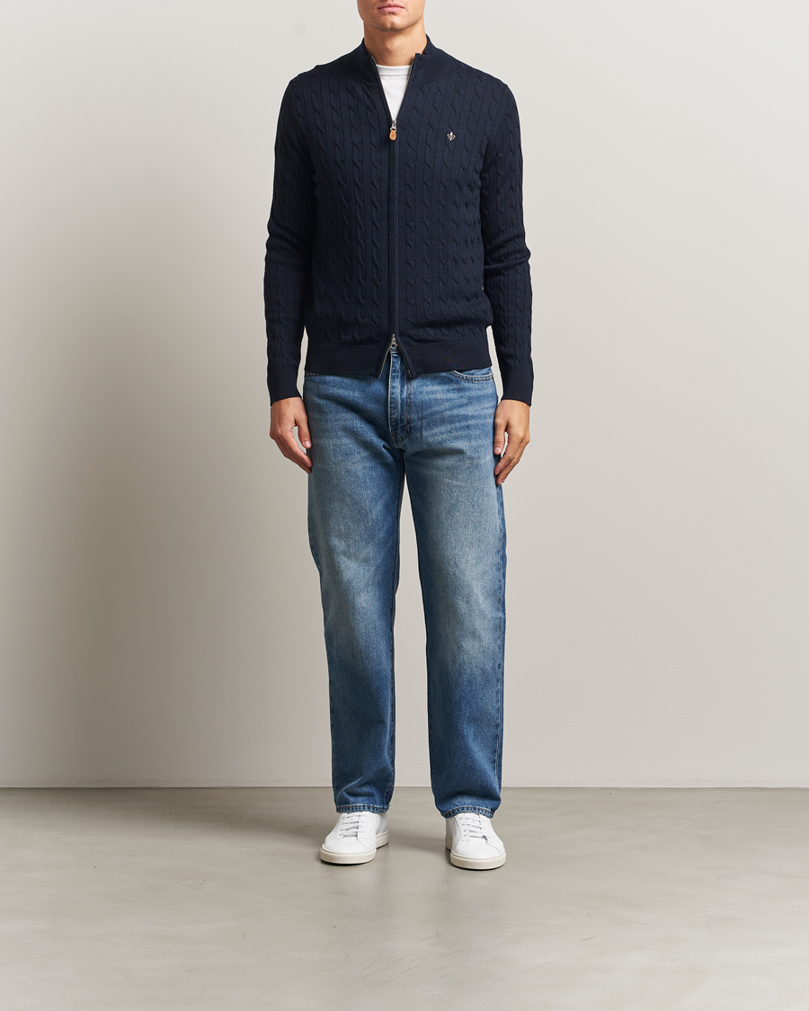 Herren | Pullover | Morris | Merino Cable Zip Cardigan Navy