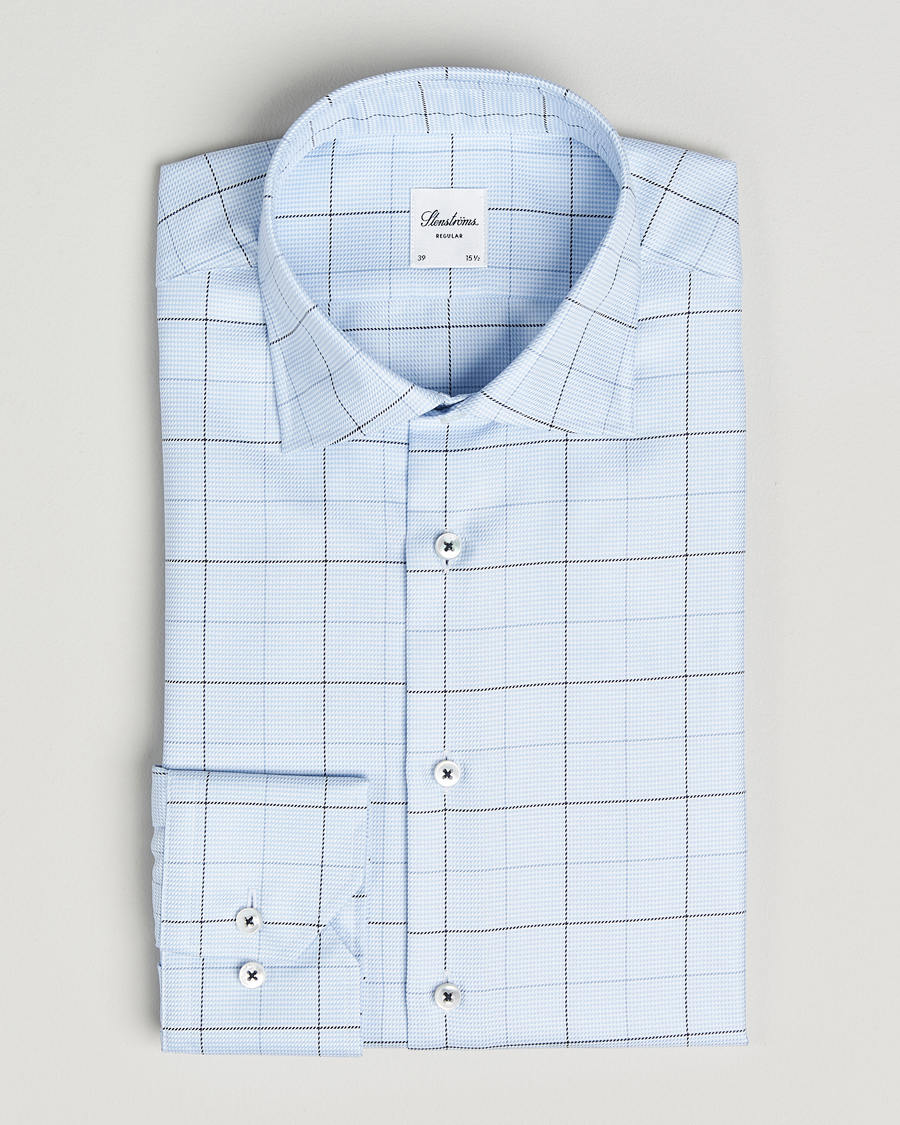 Herren | Hemden | Stenströms | Regular Fit Cut Away Windowpane Shirt Blue
