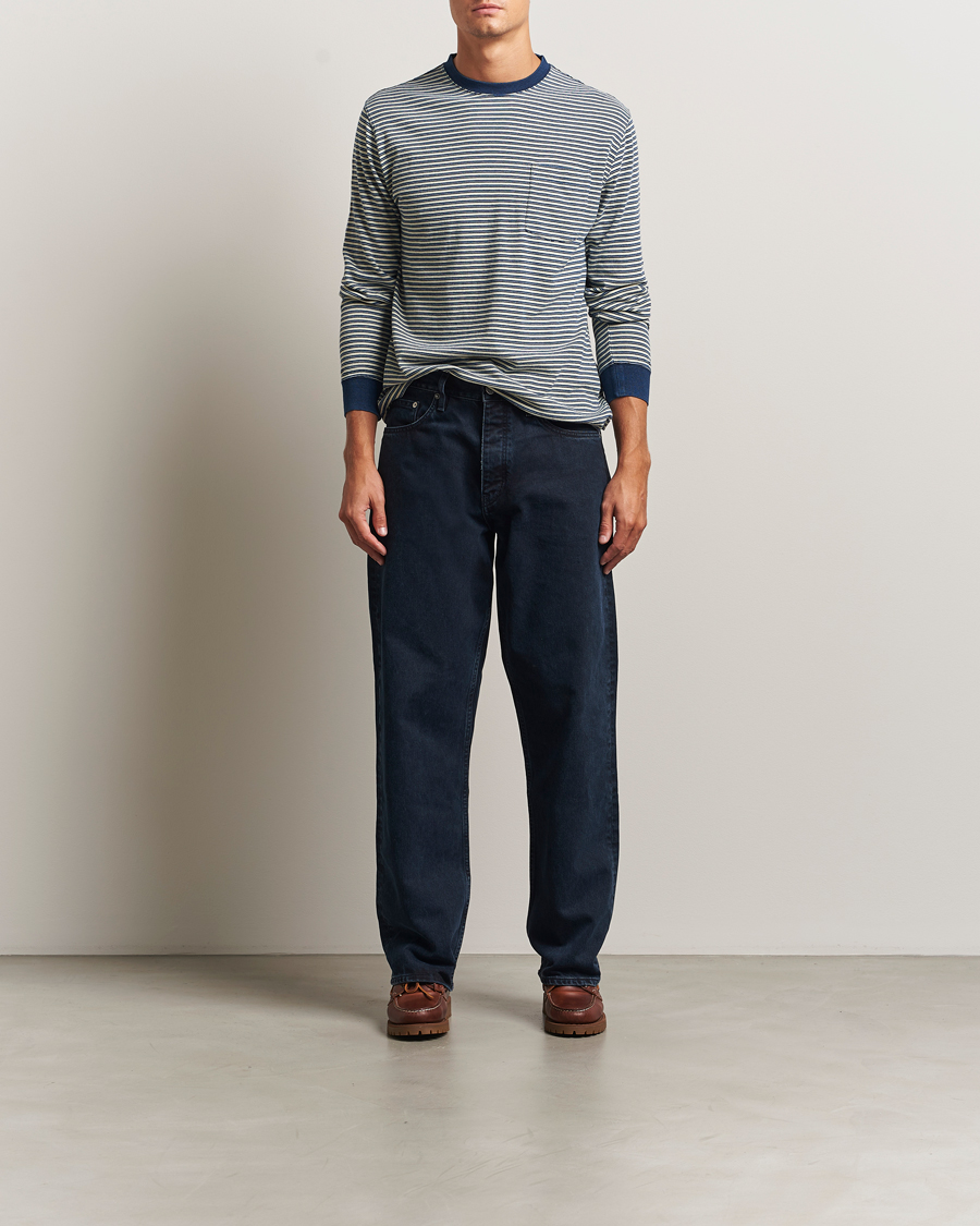 Herren | T-Shirts | BEAMS PLUS | Indigo Stripe Long Sleeve T-Shirt White/Navy