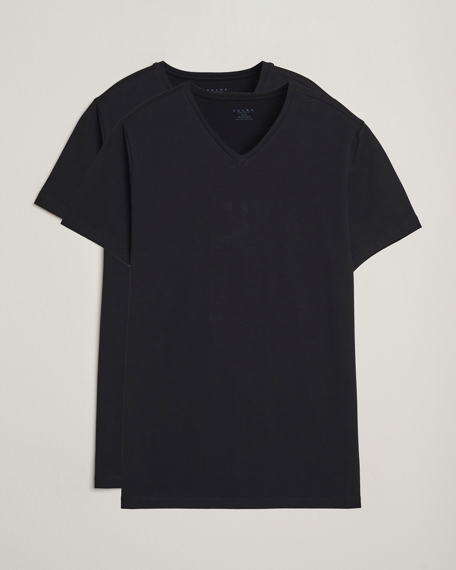 Herren | T-Shirts | Falke | 2-Pack Cotton V-Neck T-Shirt Black