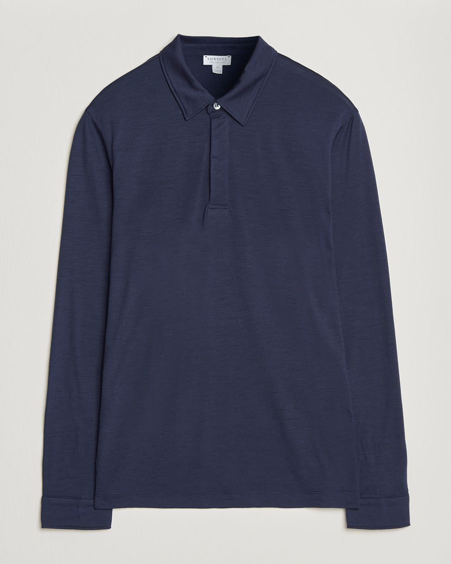 Herren | Poloshirts | Sunspel | Wool Jersey Long Sleeve Polo Navy
