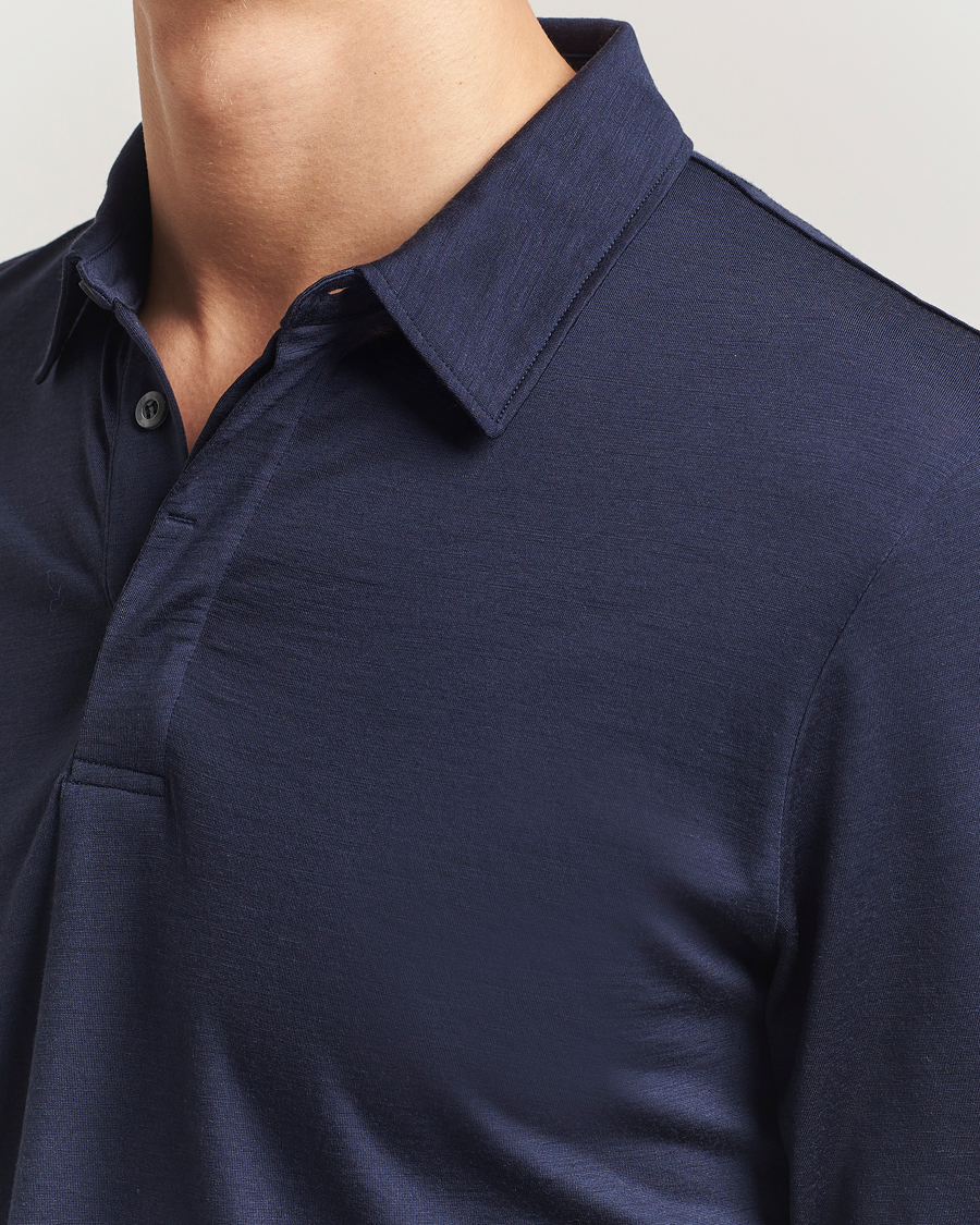 Herren | Poloshirts | Sunspel | Wool Jersey Long Sleeve Polo Navy