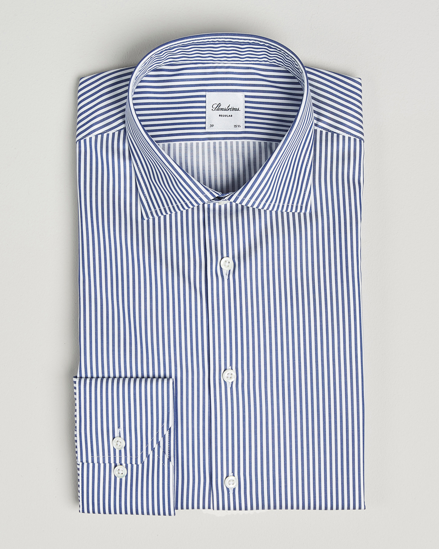 Herren | Hemden | Stenströms | Regular Fit Striped Cut Away Shirt White/Blue