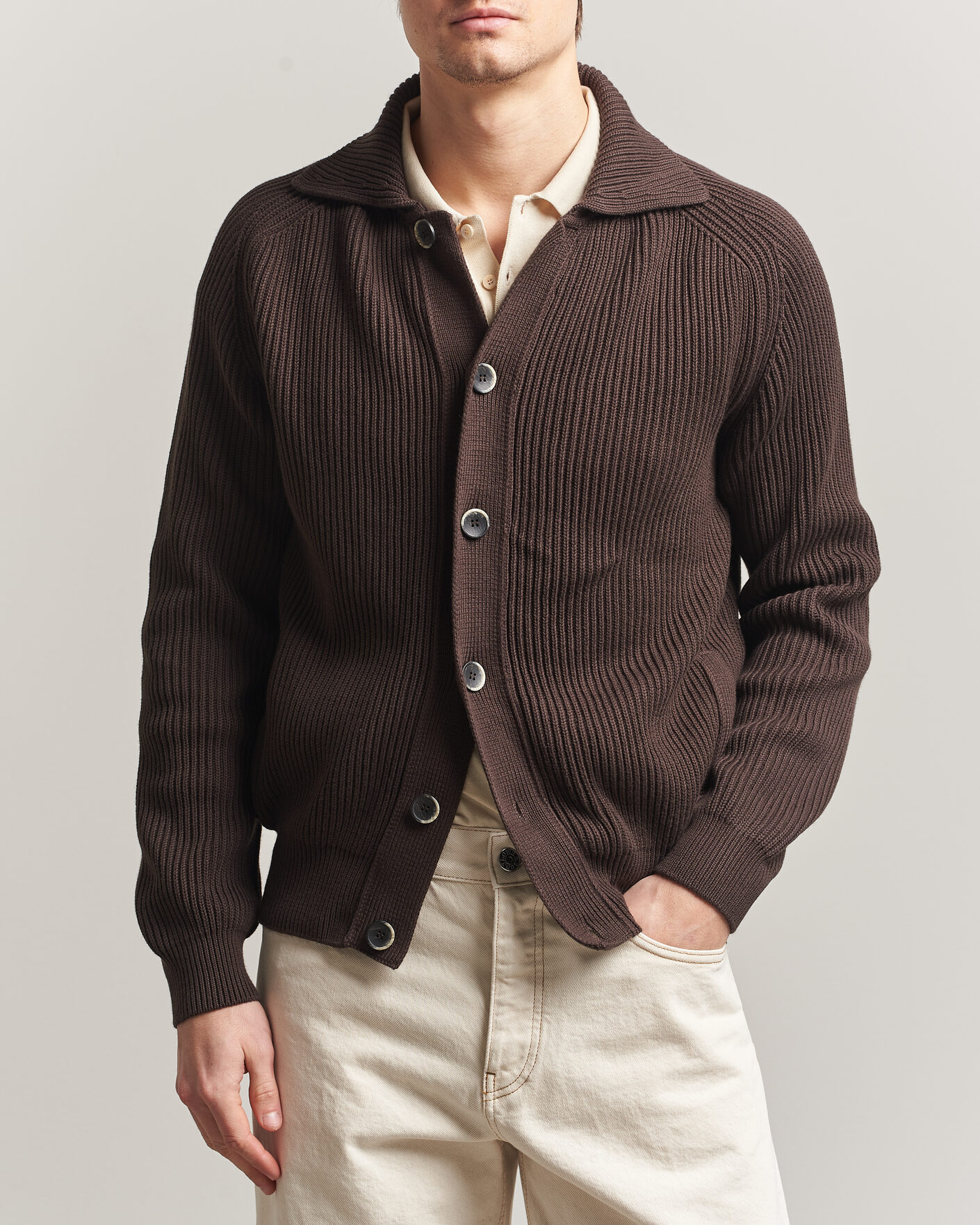 Herren | Pullover | Altea | Cotton Rib Cardigan Jacket Dark Brown