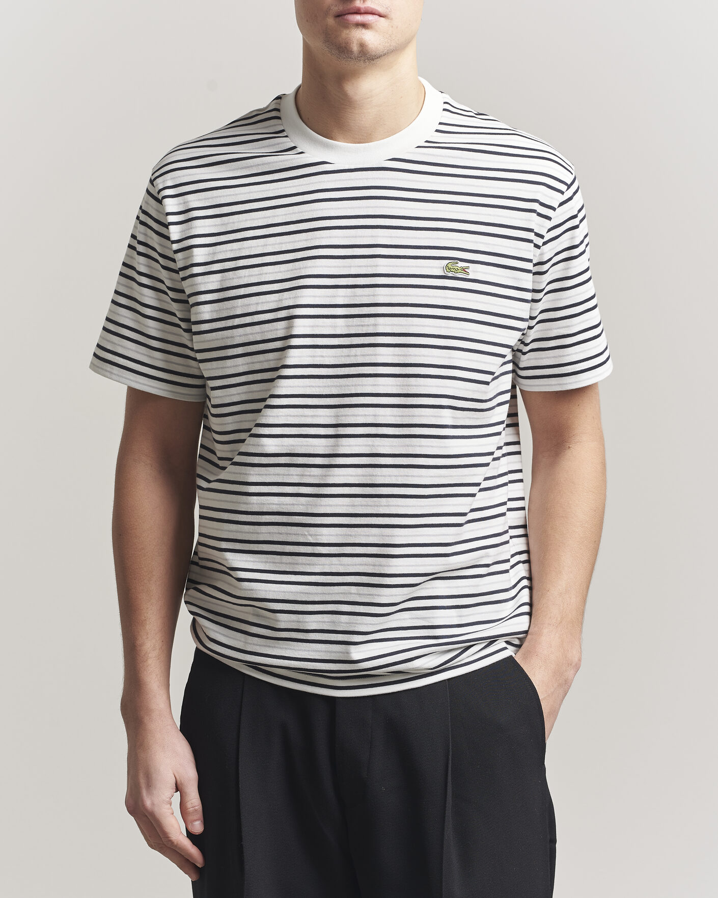 Herren | T-Shirts | Lacoste | Cotton Striped T-Shirt Blackbird/Flour