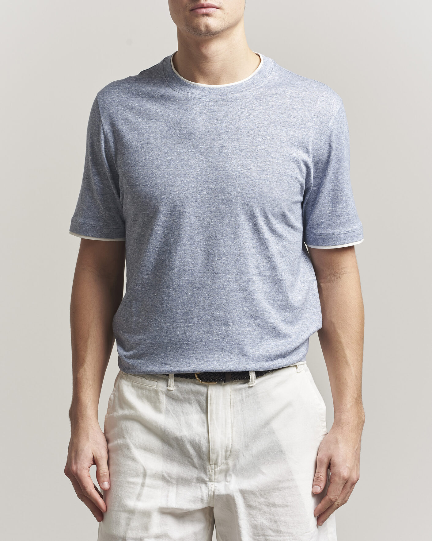 Herren | T-Shirts | Brunello Cucinelli | Double Collar Linen T-Shirt Light Blue