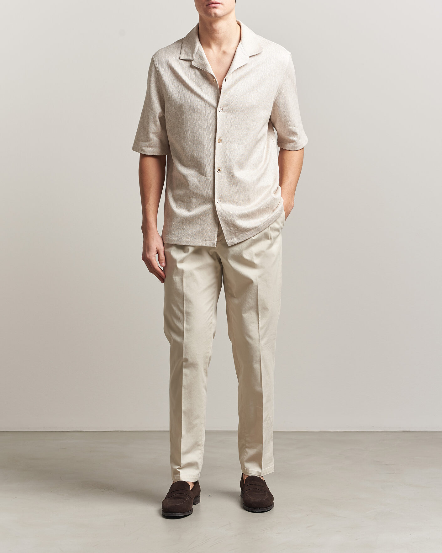 Herren | Hemden | Brunello Cucinelli | Linen Herringbone Camp Shirt Light Beige