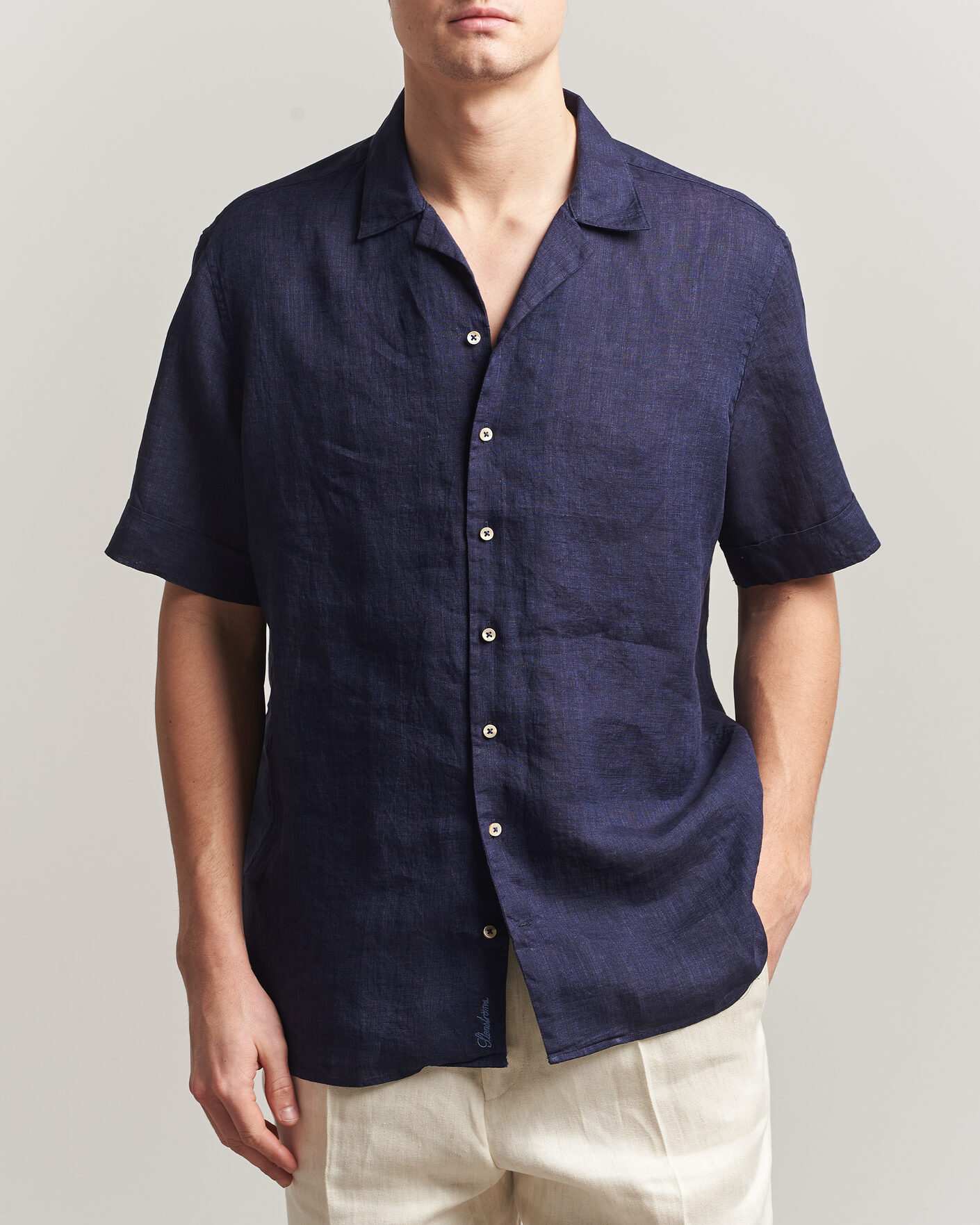 Herren | Hemden | Stenströms | Short Sleeve Linen Shirt Navy