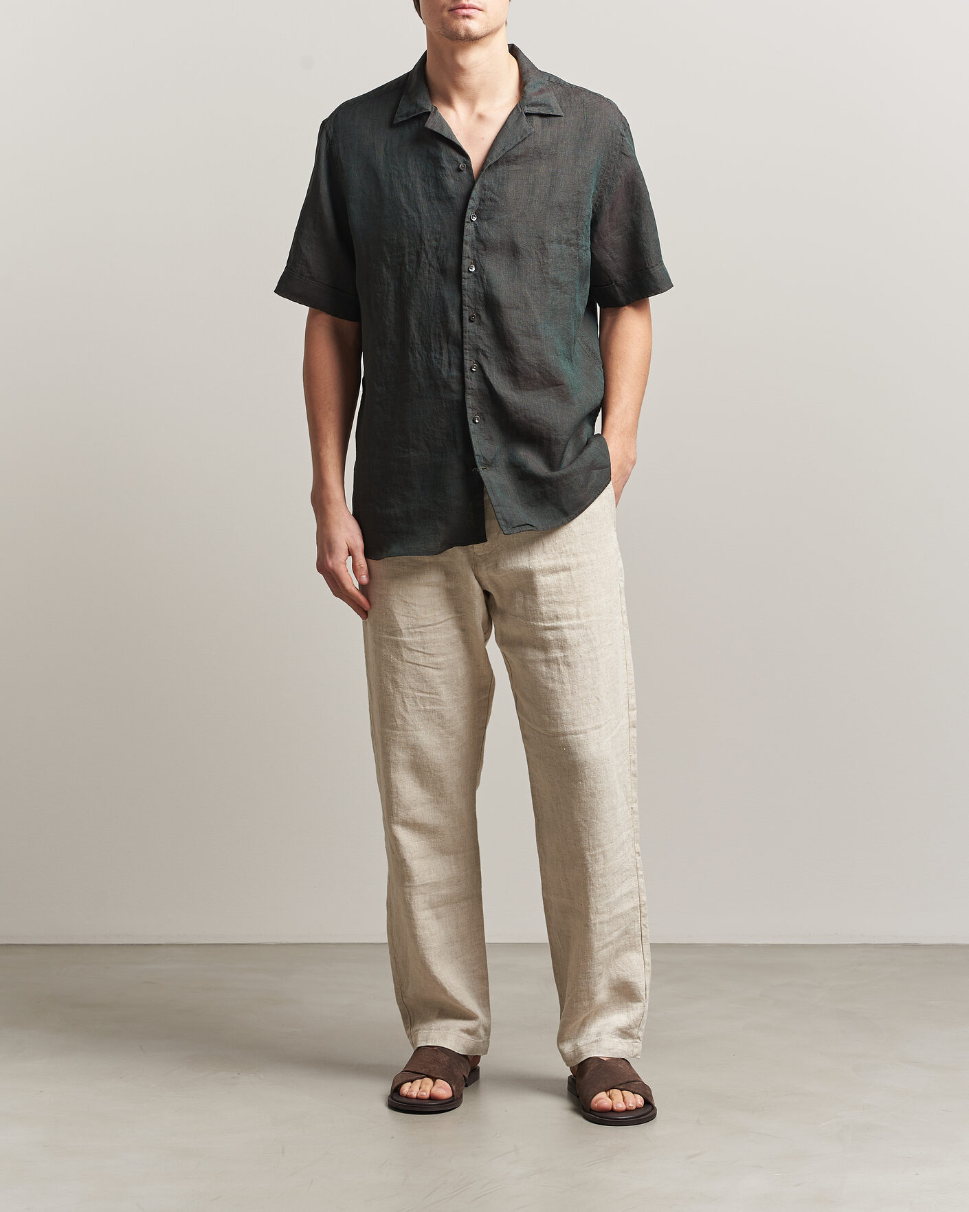Herren | Hemden | Stenströms | Short Sleeve Linen Shirt Dark Green