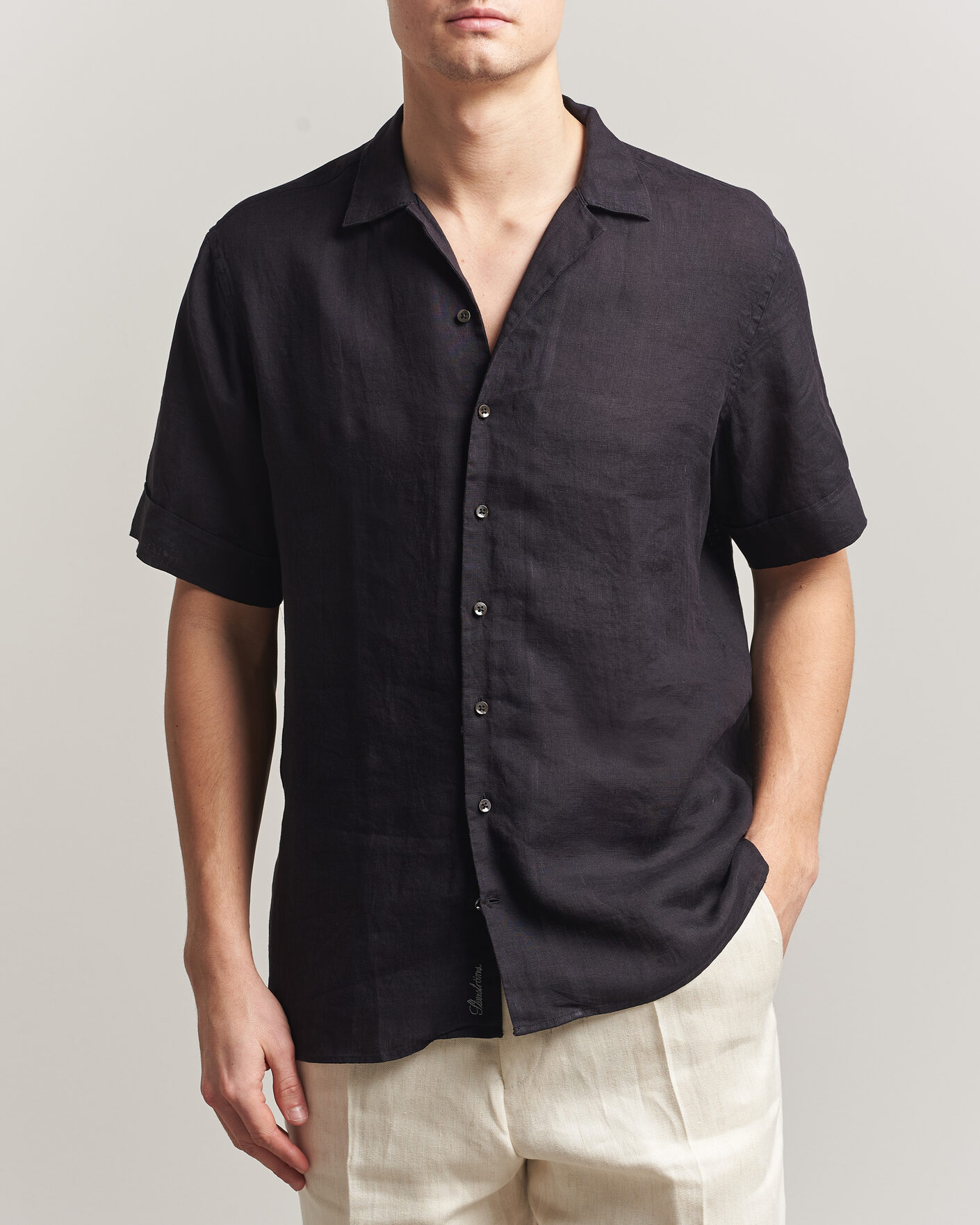 Herren | Hemden | Stenströms | Short Sleeve Linen Shirt Black
