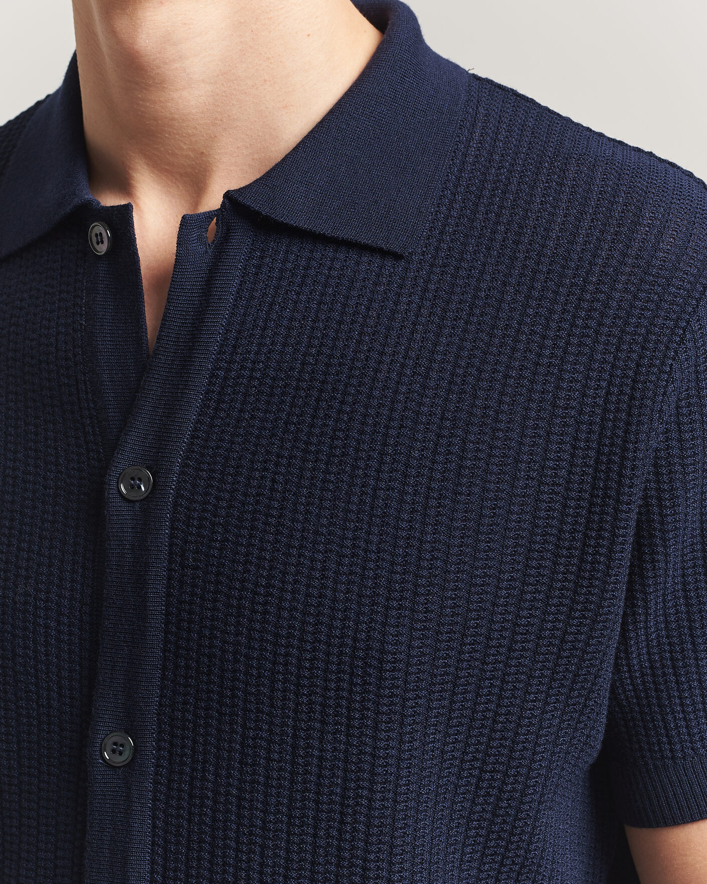 Herren | Poloshirts | Stenströms | Knitted Buttonthru Merino Polo Shirt Navy
