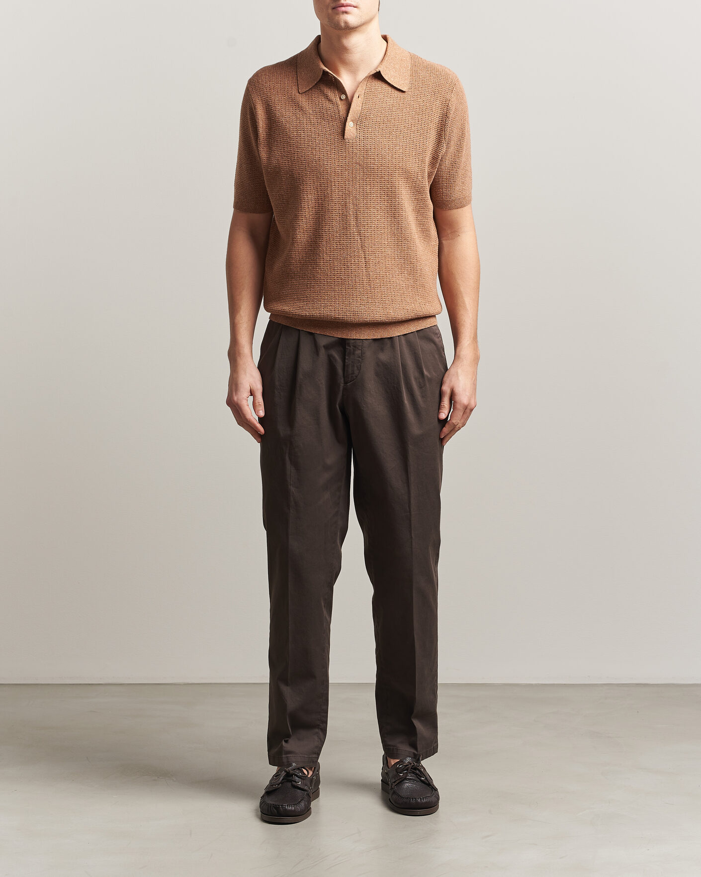 Herren | Poloshirts | Stenströms | Knitted Textured Cotton/Hemp Polo Light Brown