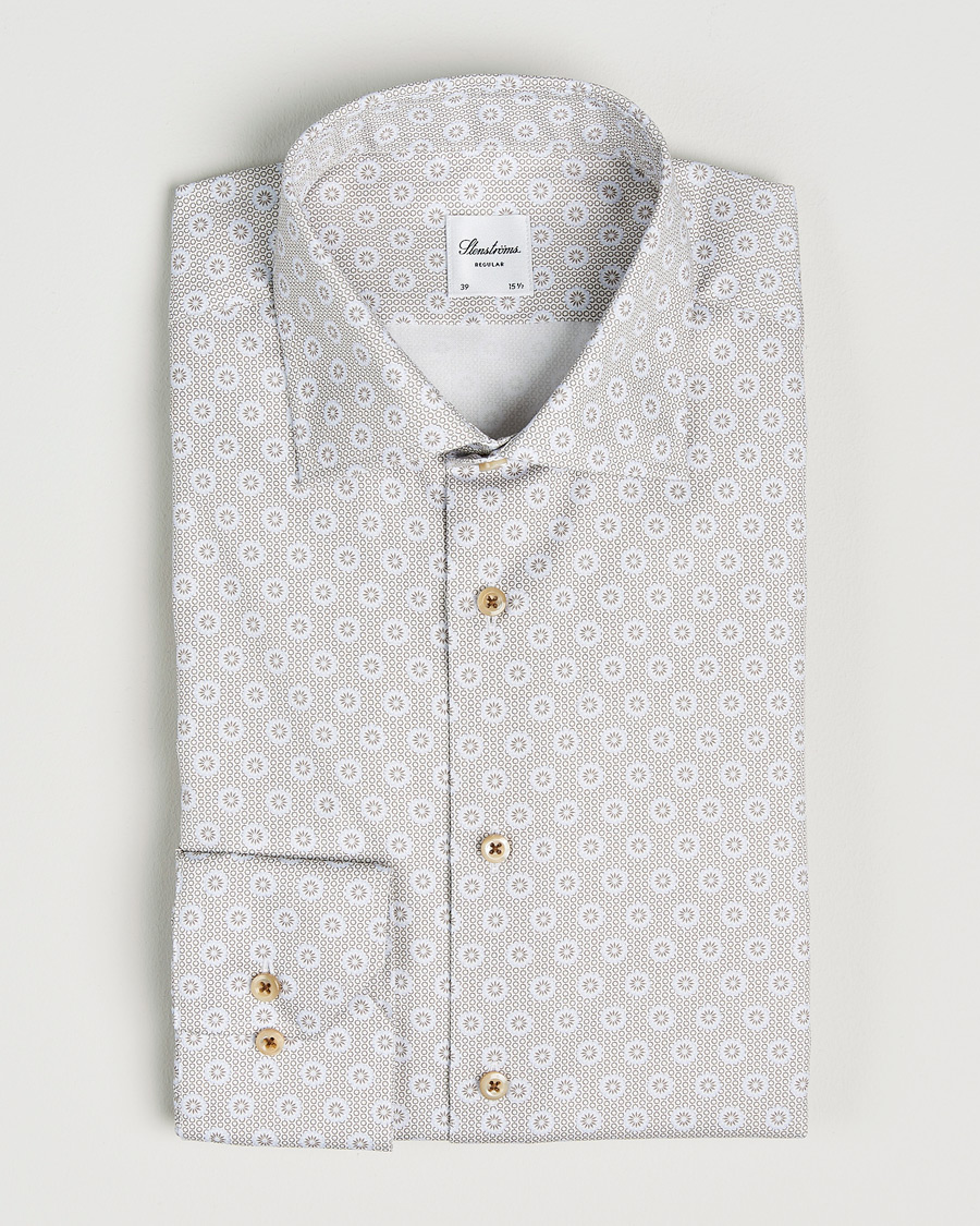 Herren | Hemden | Stenströms | Regular Fit Printed Cotton Twill Shirt Light Brown