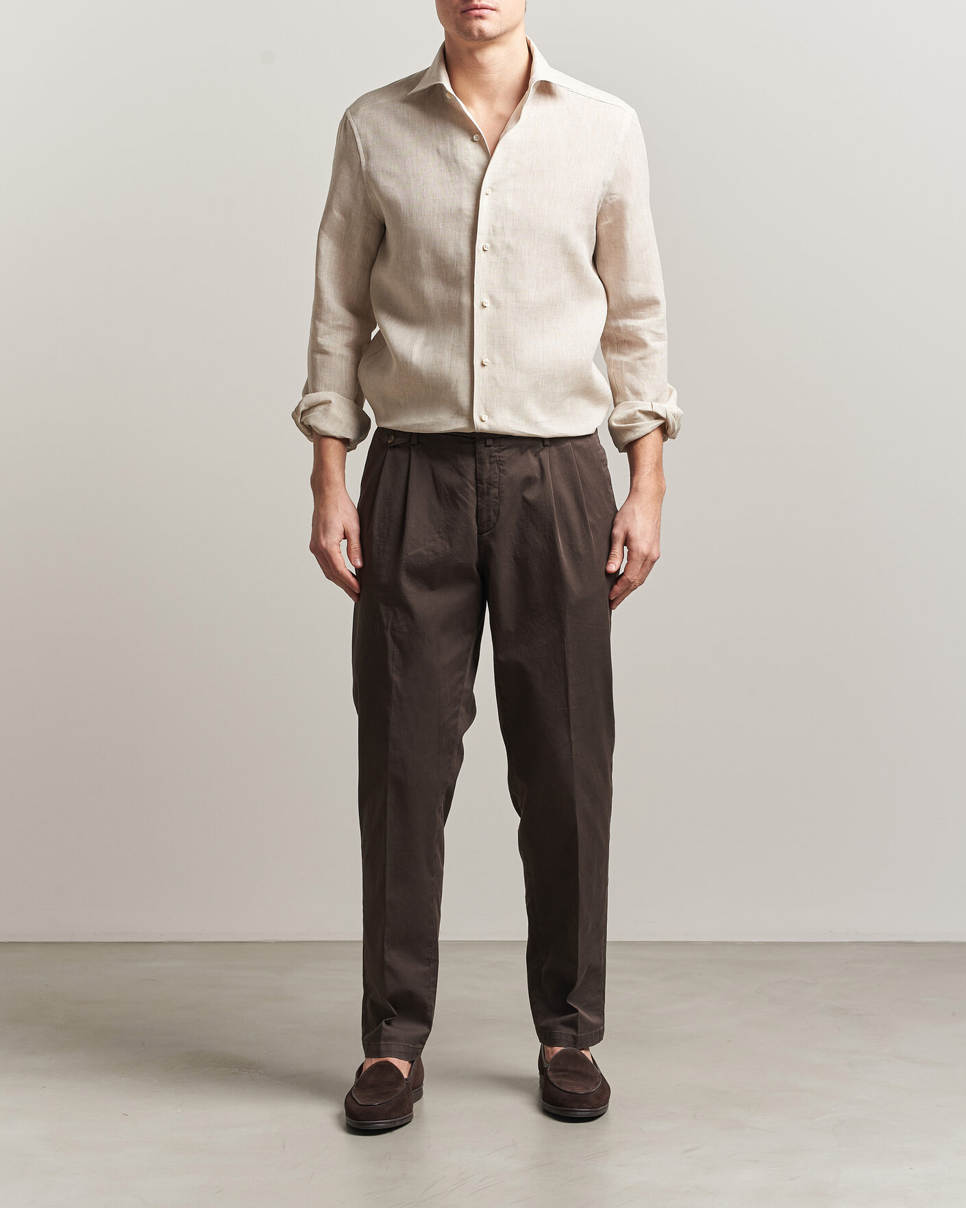 Herren | Hemden | Stenströms | 1899 Linen One Piece Collar Shirt Beige