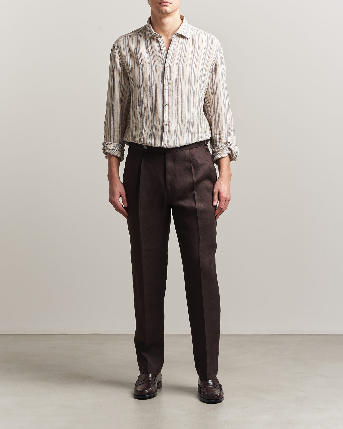 Herren | Hemden | Stenströms | Regular Fit Multi Striped Linen Shirt Brown