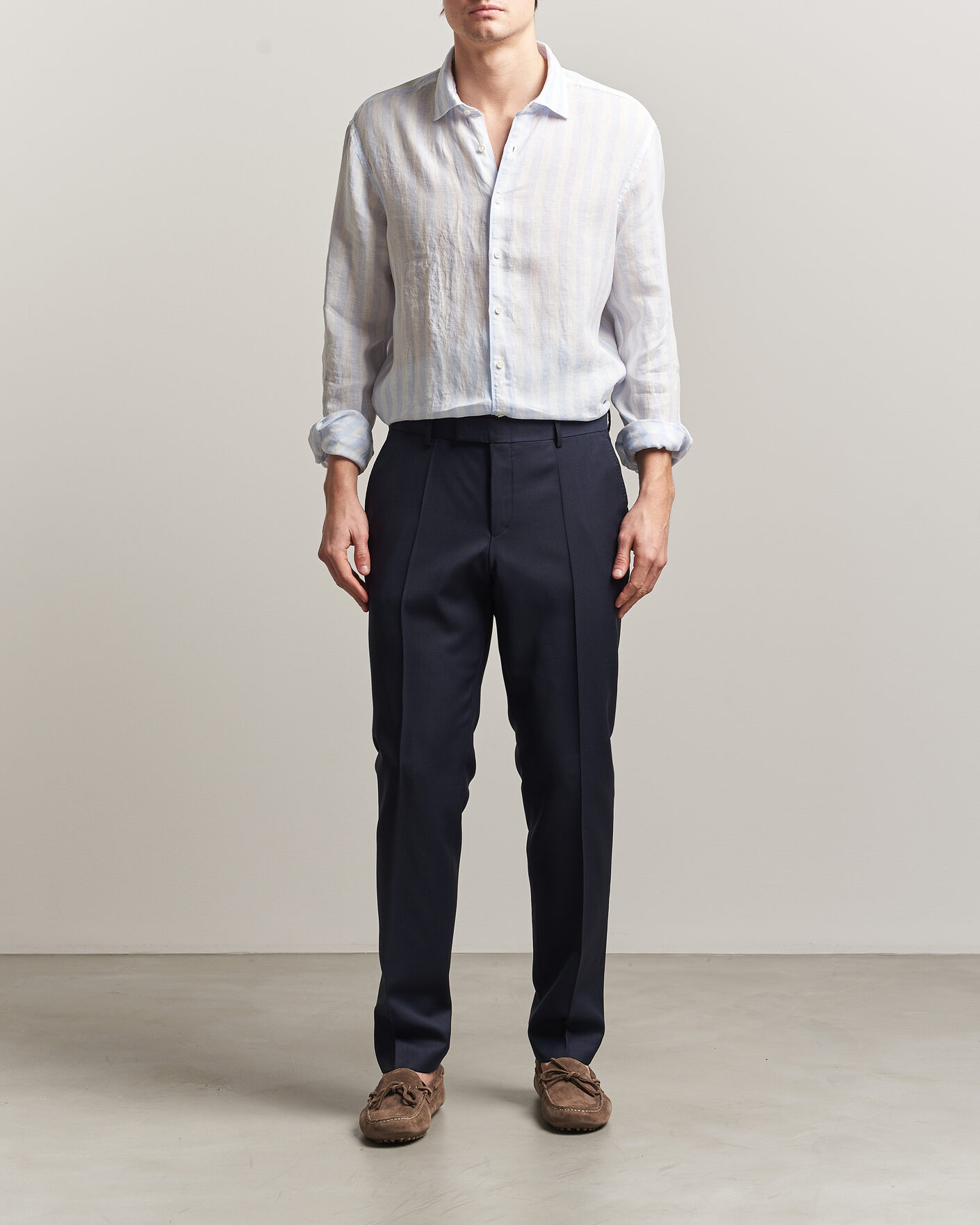 Herren | Hemden | Stenströms | Regular Fit Wide Stripe Linen Shirt Light Blue
