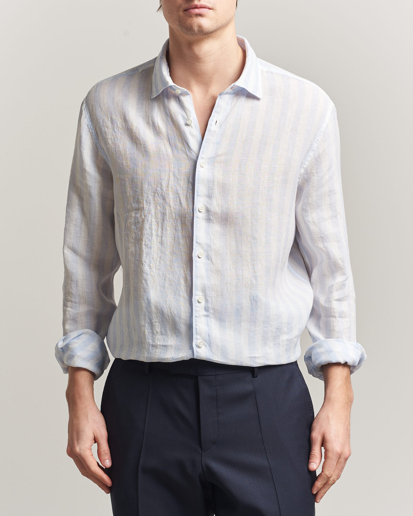 Herren | Hemden | Stenströms | Regular Fit Wide Stripe Linen Shirt Light Blue