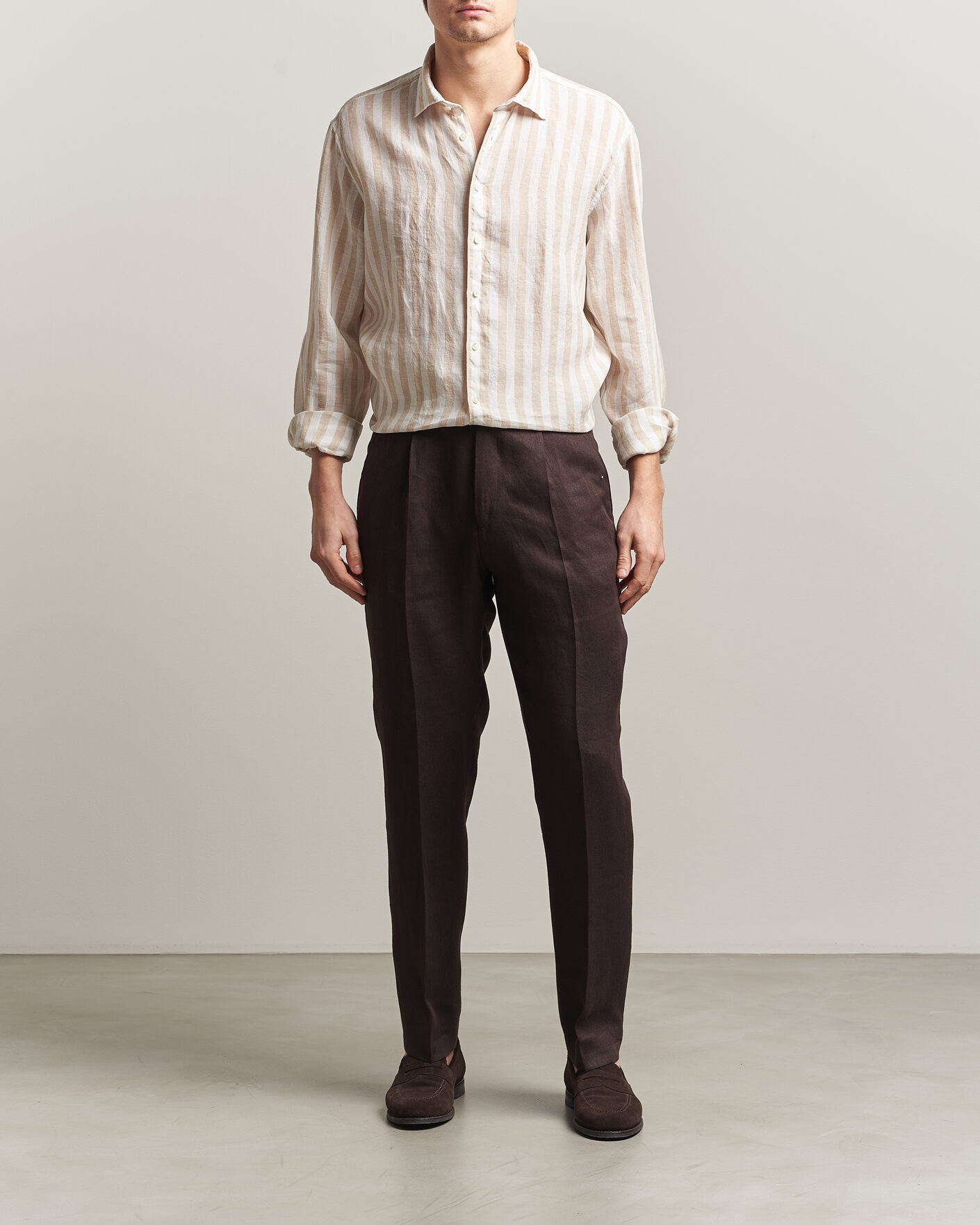 Herren | Hemden | Stenströms | Regular Fit Wide Stripe Linen Shirt Beige
