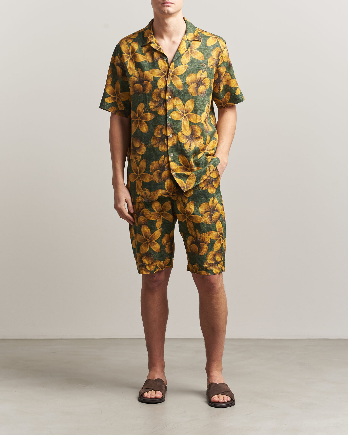 Herren | Hemden | Stenströms | Flower Printed Short Sleeve Linen Shirt Green