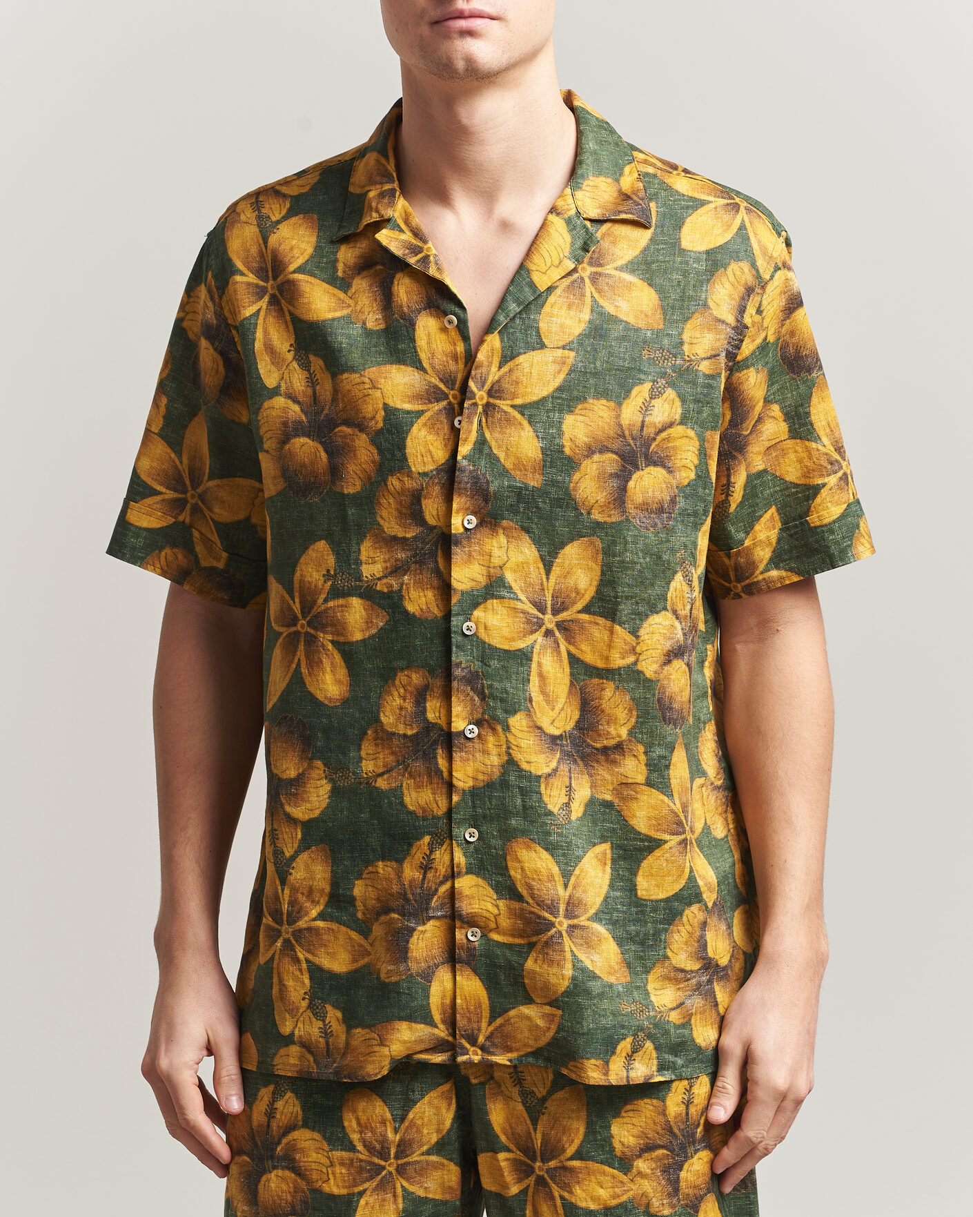 Herren | Hemden | Stenströms | Flower Printed Short Sleeve Linen Shirt Green