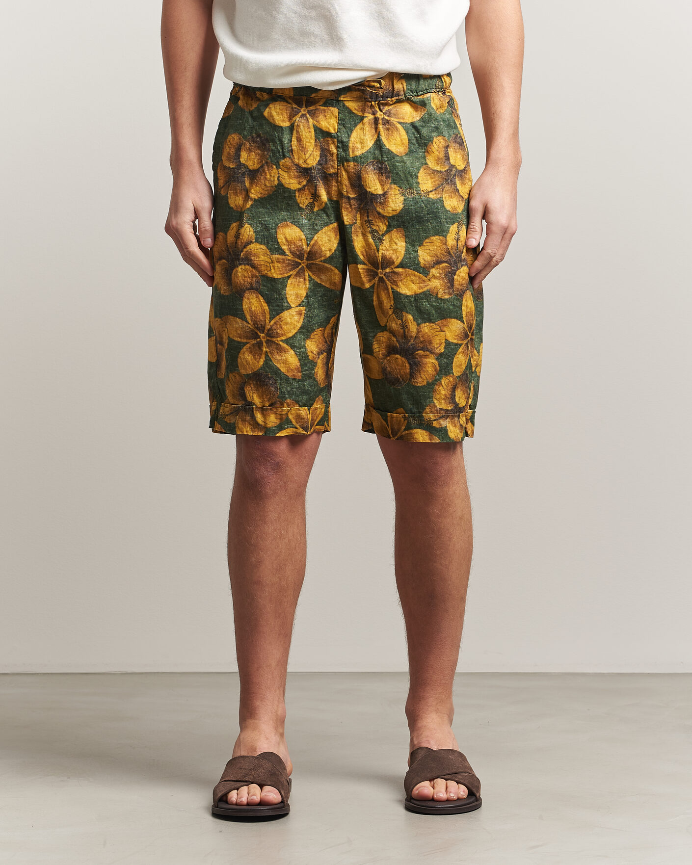 Herren | Shorts | Stenströms | Flower Printed Linen Shorts Green
