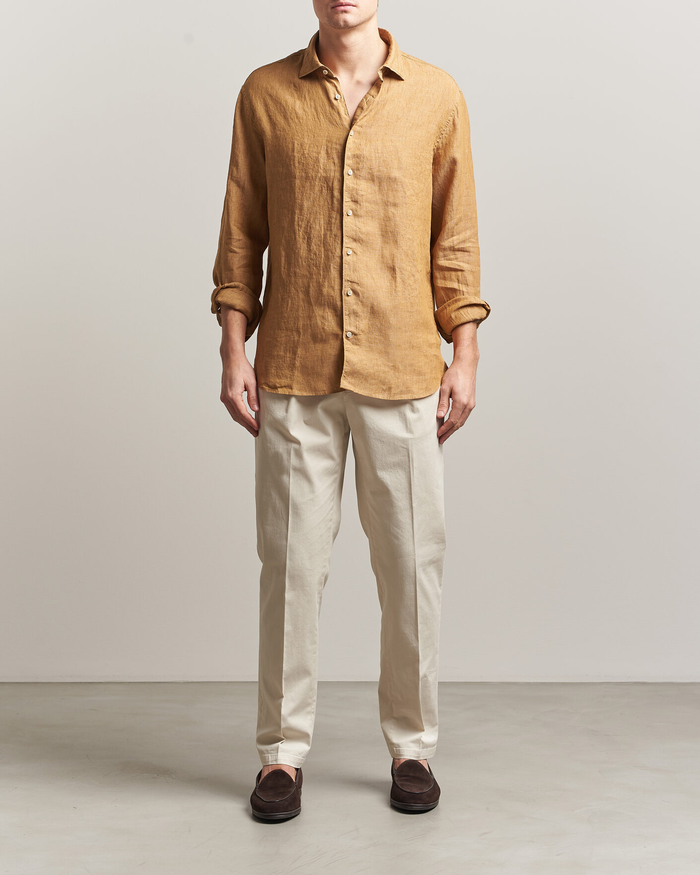 Herren | Hemden | Stenströms | Regular Fit Cut Away Linen Shirt Light Brown
