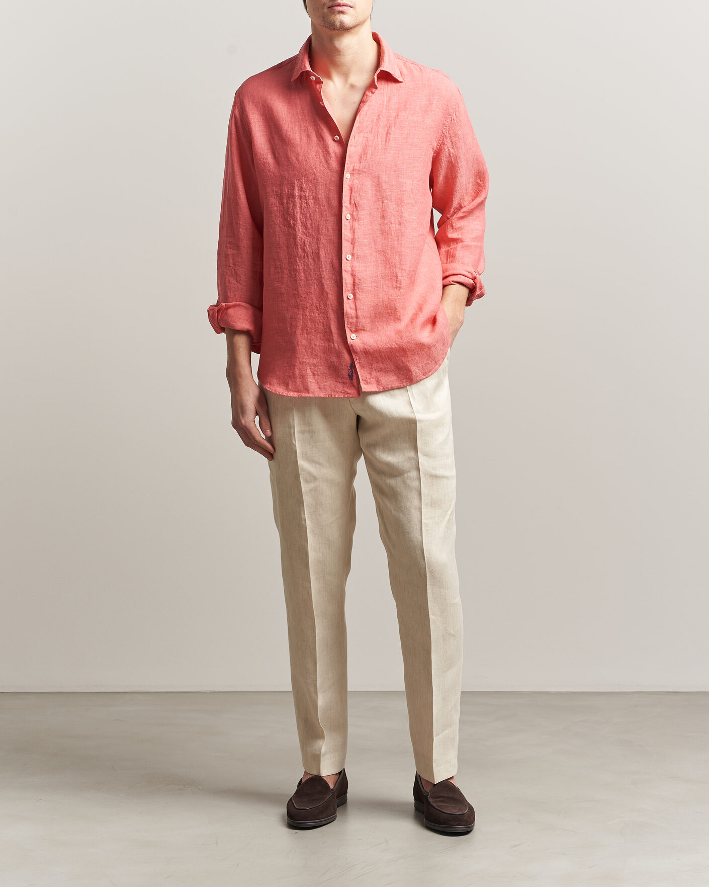 Herren | Hemden | Stenströms | Regular Fit Cut Away Linen Shirt Raspberry