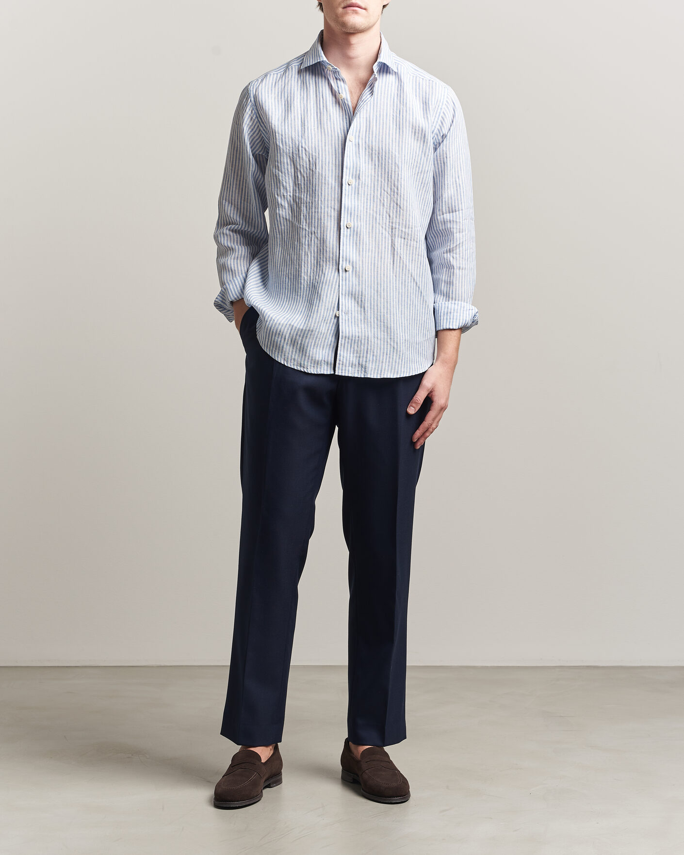 Herren | Hemden | Eton | Casual Fit Striped Linen Shirt Light Blue