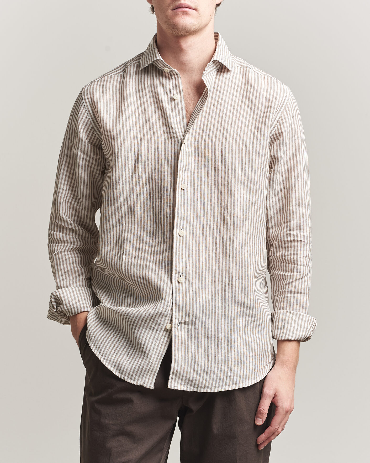 Herren | Hemden | Eton | Casual Fit Striped Linen Shirt Beige