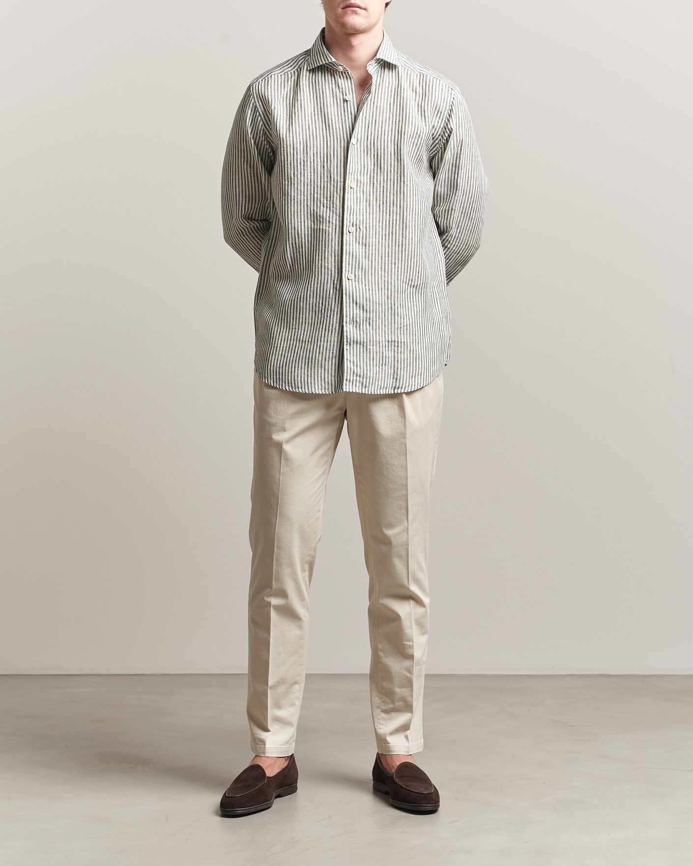 Herren | Hemden | Eton | Casual Fit Striped Linen Shirt Dark Green