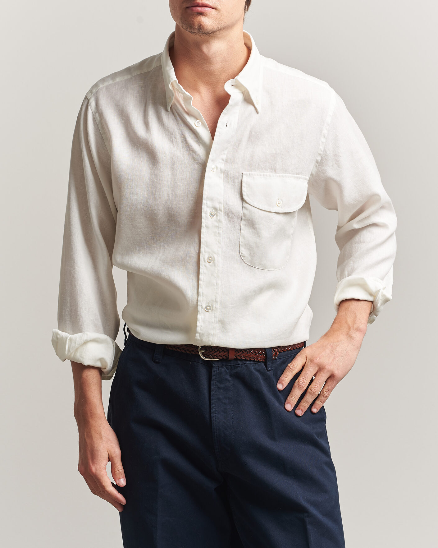Herren | Hemden | Drake's | Linen Button Down Curved Pocket Shirt White