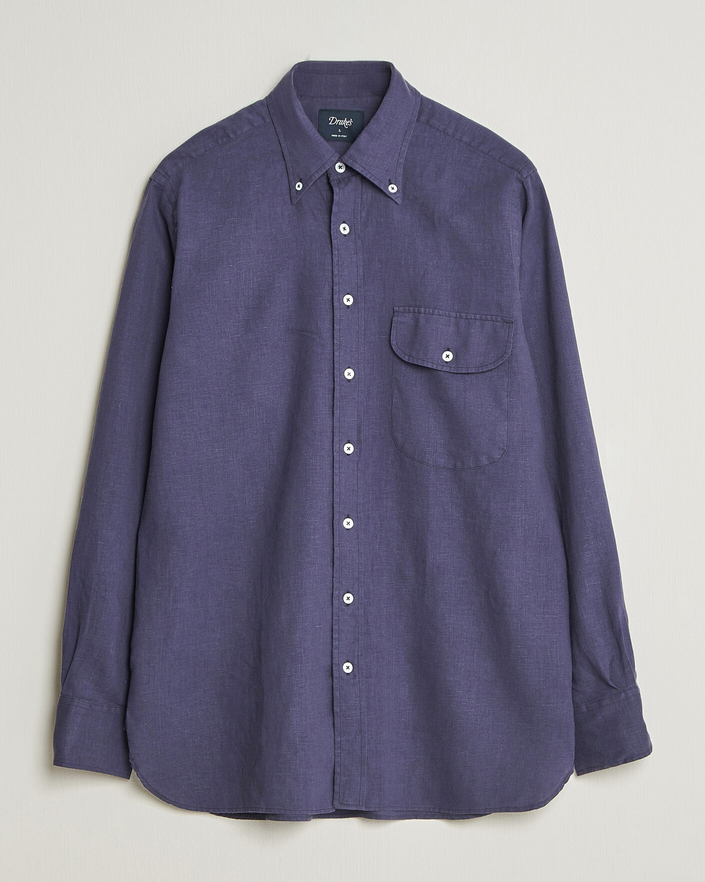 Herren | Hemden | Drake's | Linen Button Down Curved Pocket Shirt Navy