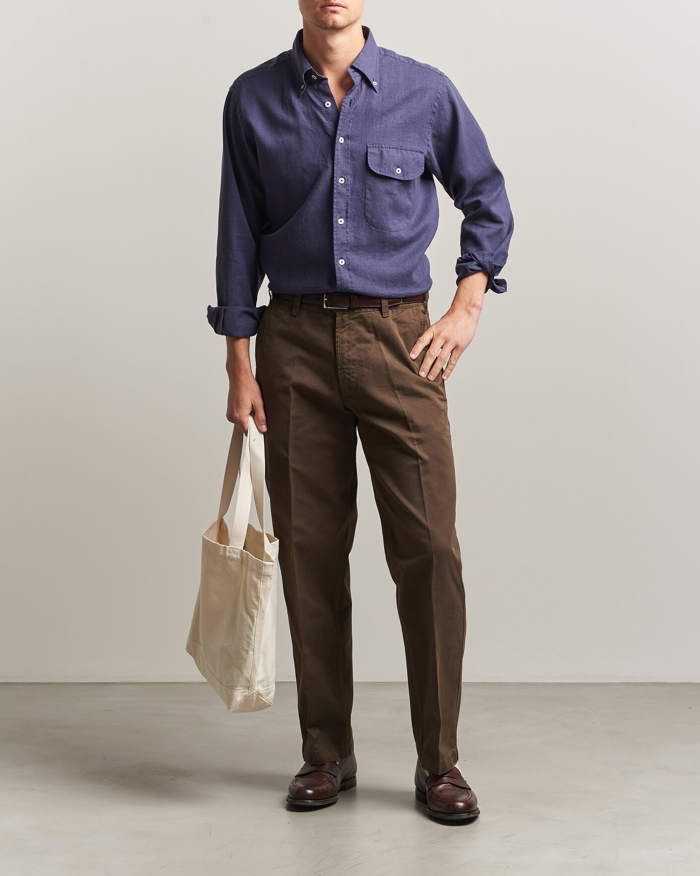 Herren | Hemden | Drake's | Linen Button Down Curved Pocket Shirt Navy