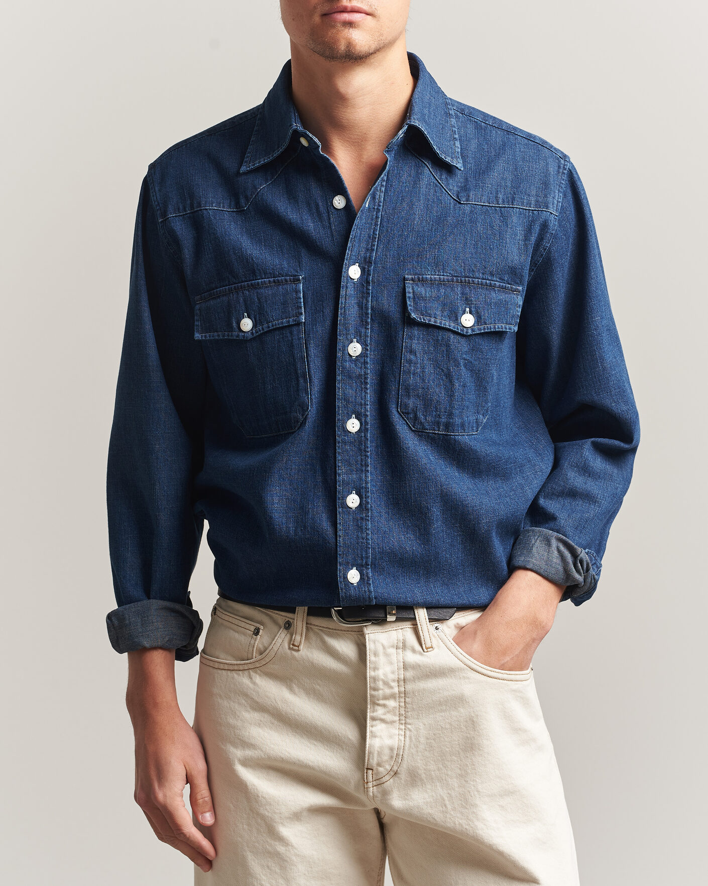 Herren | Hemden | Drake's | Light Denim Western Shirt Stone Wash
