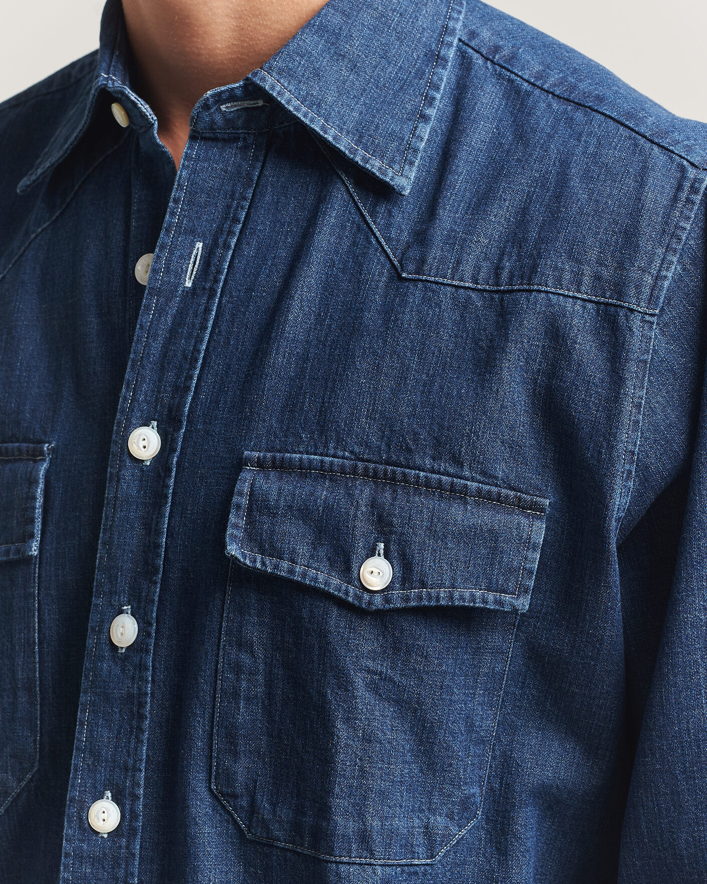 Herren | Hemden | Drake's | Light Denim Western Shirt Stone Wash