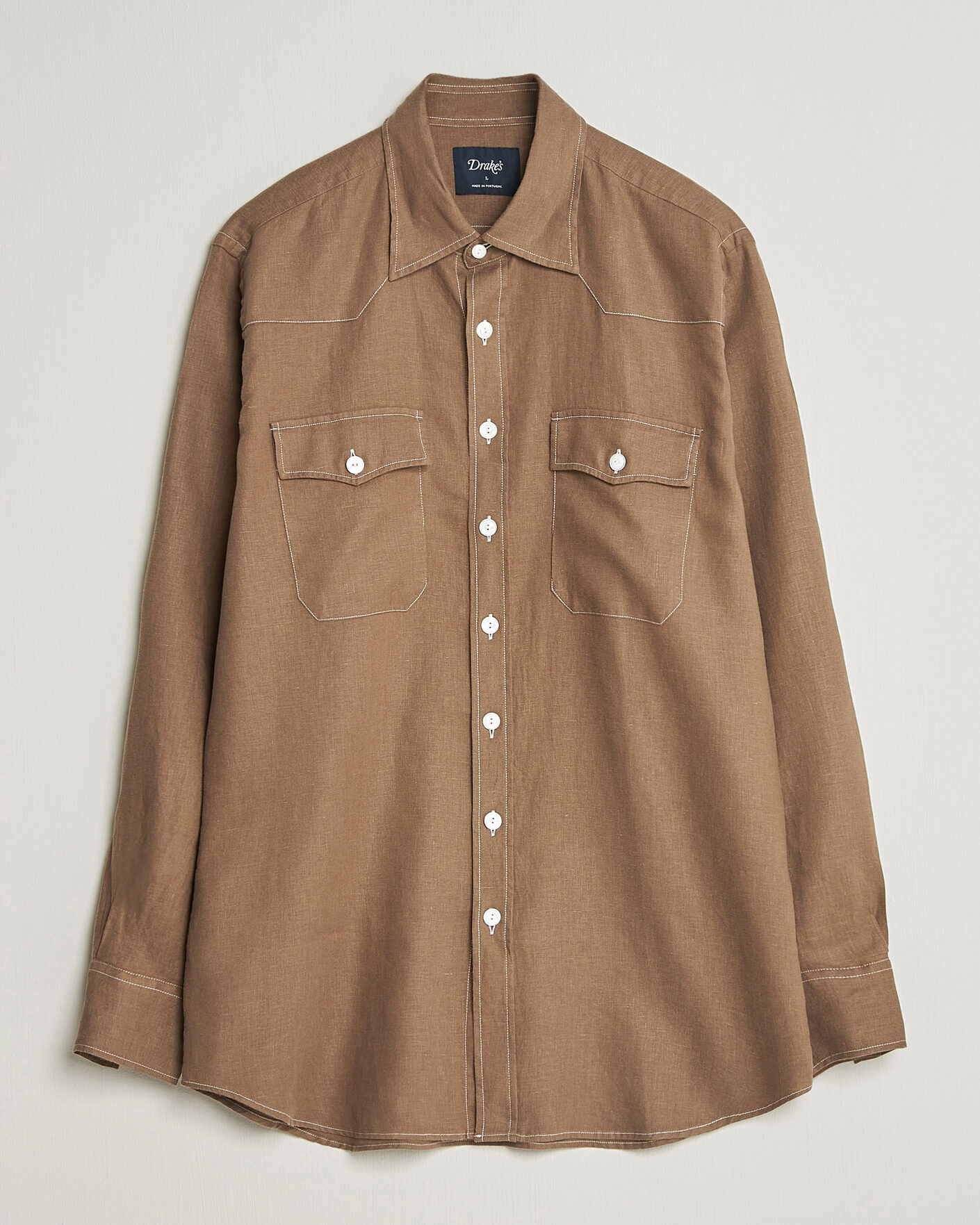 Herren | Hemden | Drake's | Solid Linen Western Shirt Brown