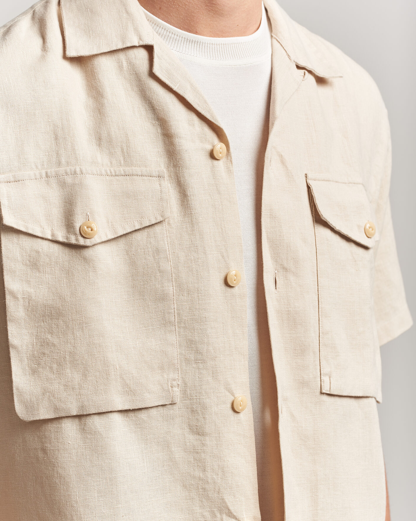 Herren | Hemden | Drake's | Military Short Sleeve Camp Collar Shirt Ecru