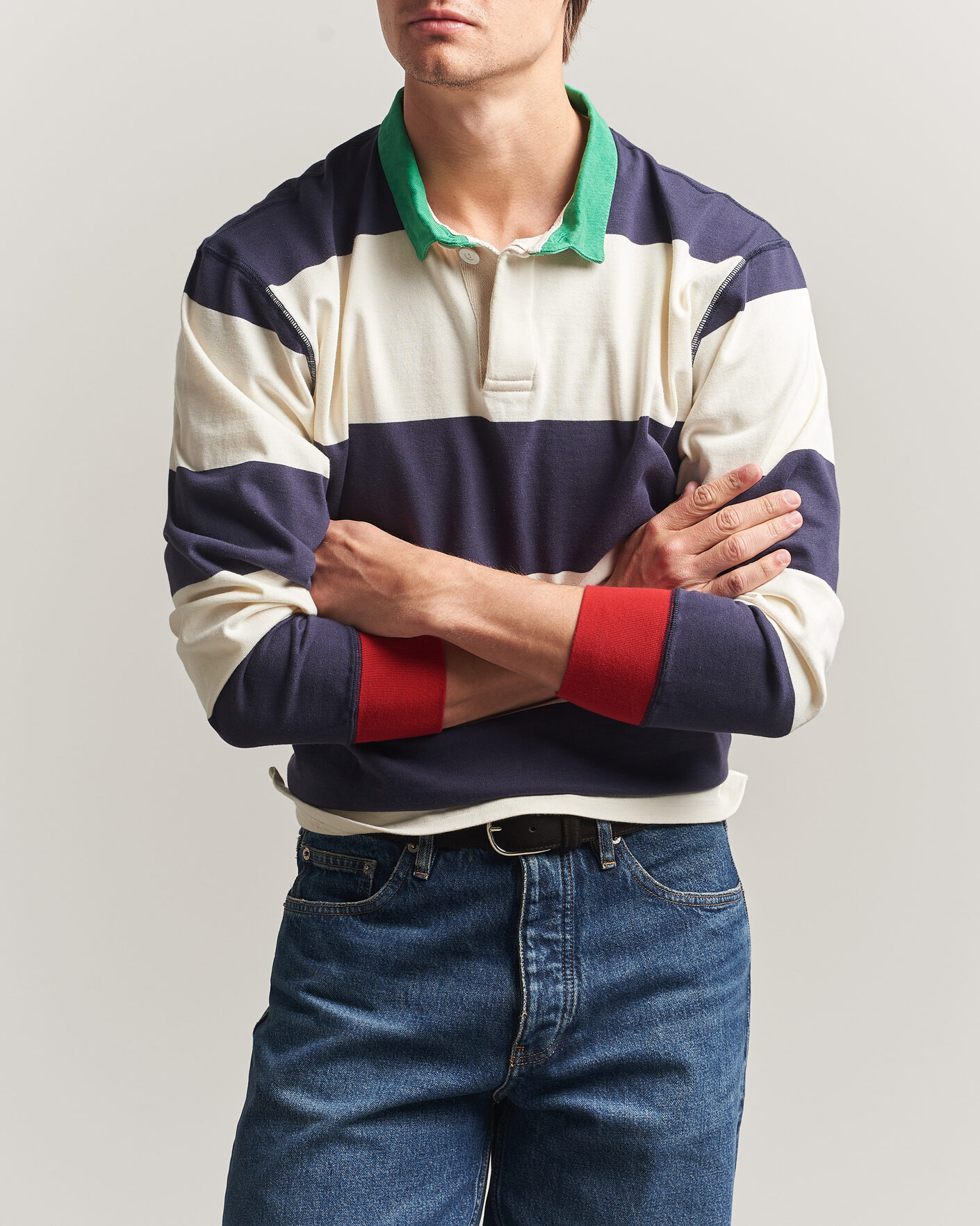 Herren | Pullover | Drake's | Dual Block Stripe Rugby Whie/Navy