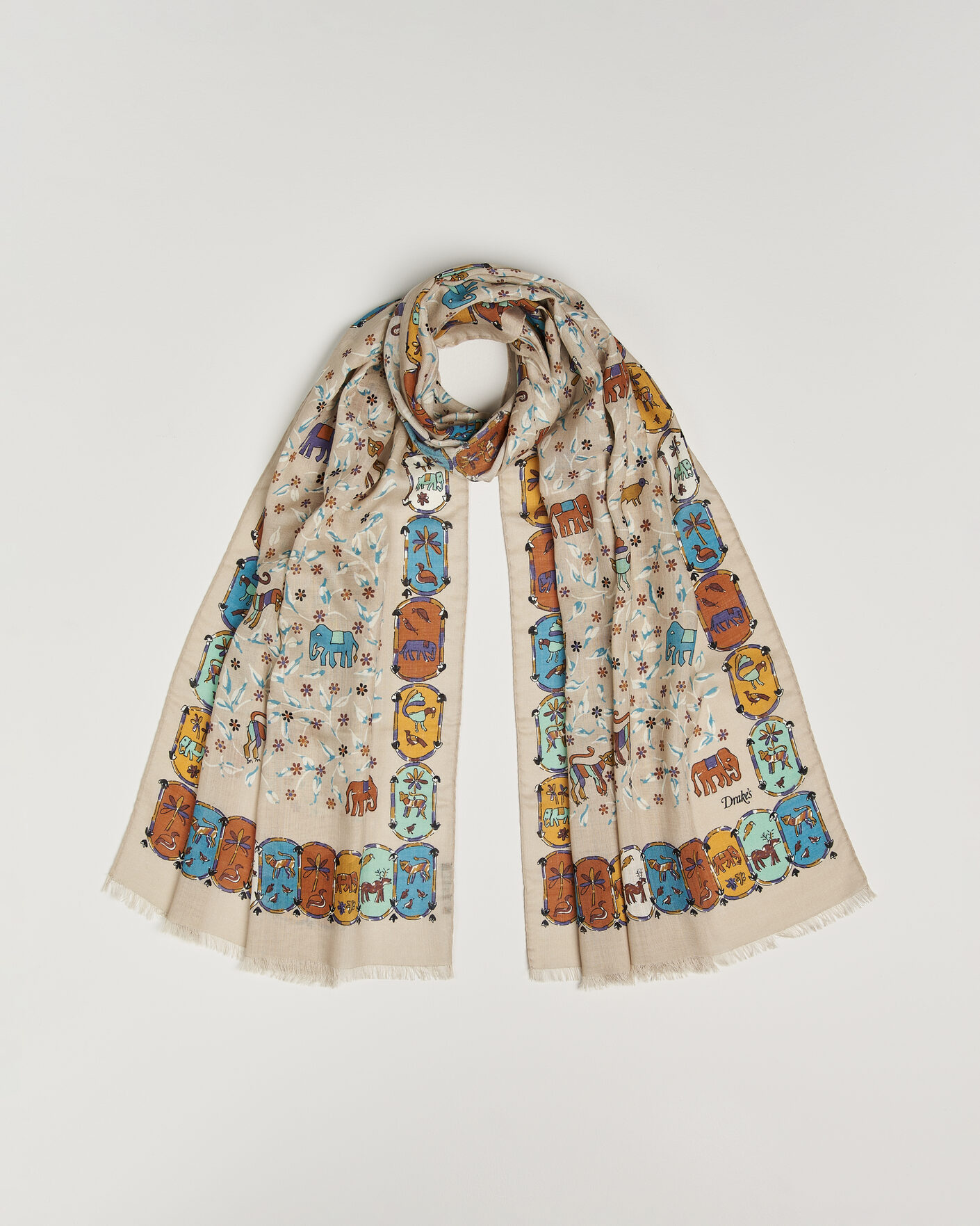 Herren | Drake's Loose Animal Wool/Silk Print Scarf Beige | Drake's | Loose Animal Wool/Silk Print Scarf Beige