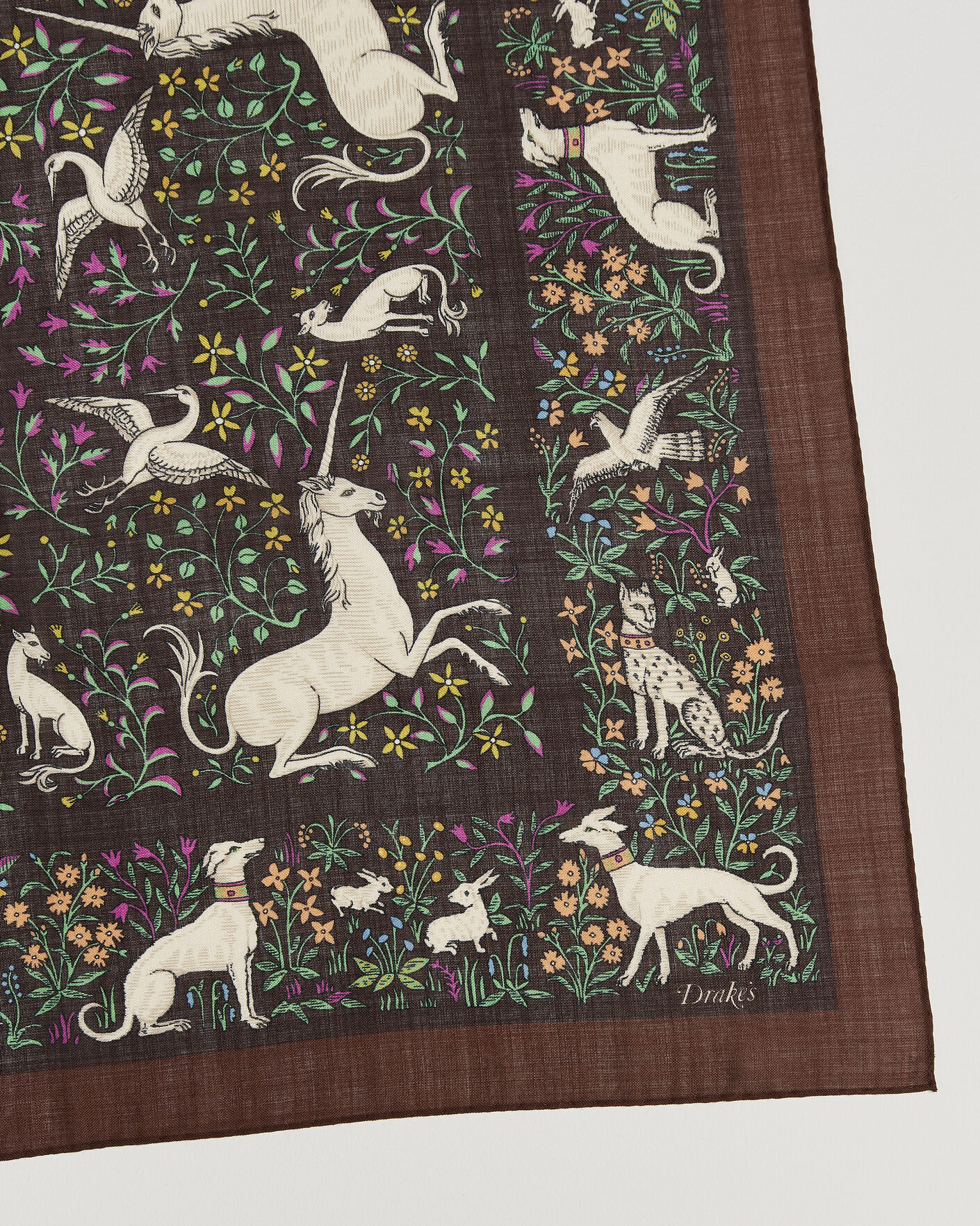 Herren | Tücher | Drake's | Unicorn Print Wool/Silk Bandana Brown