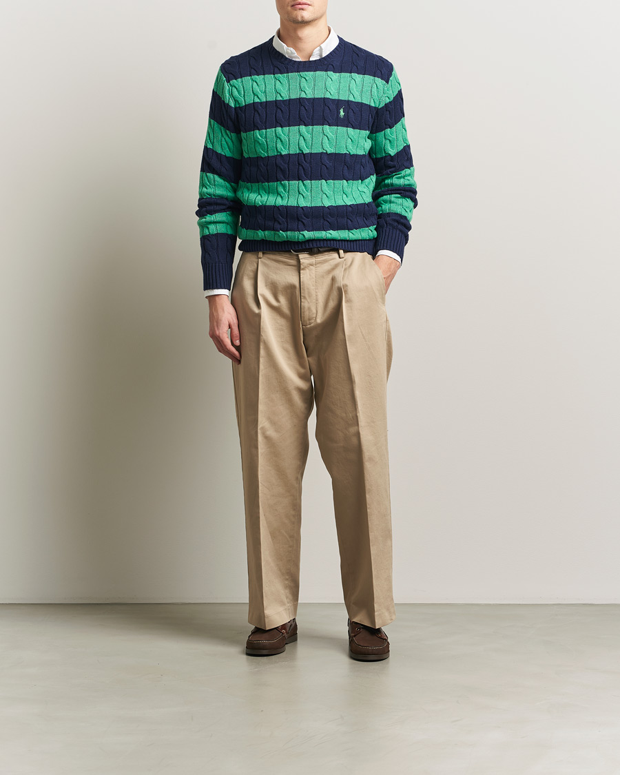 Herren | Pullover | Polo Ralph Lauren | Striped Cotton Cable Sweater Navy Green Combo