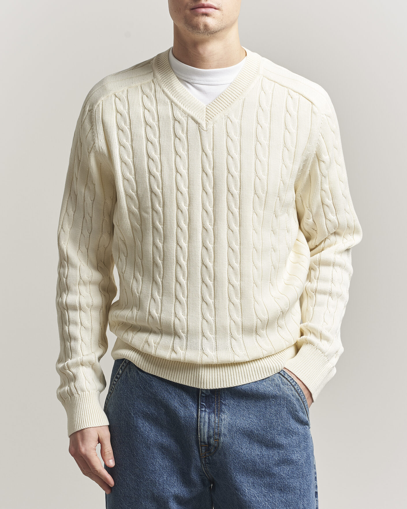 Herren | Pullover | Filippa K | Cotton Cable V-Neck Sweater Calico White