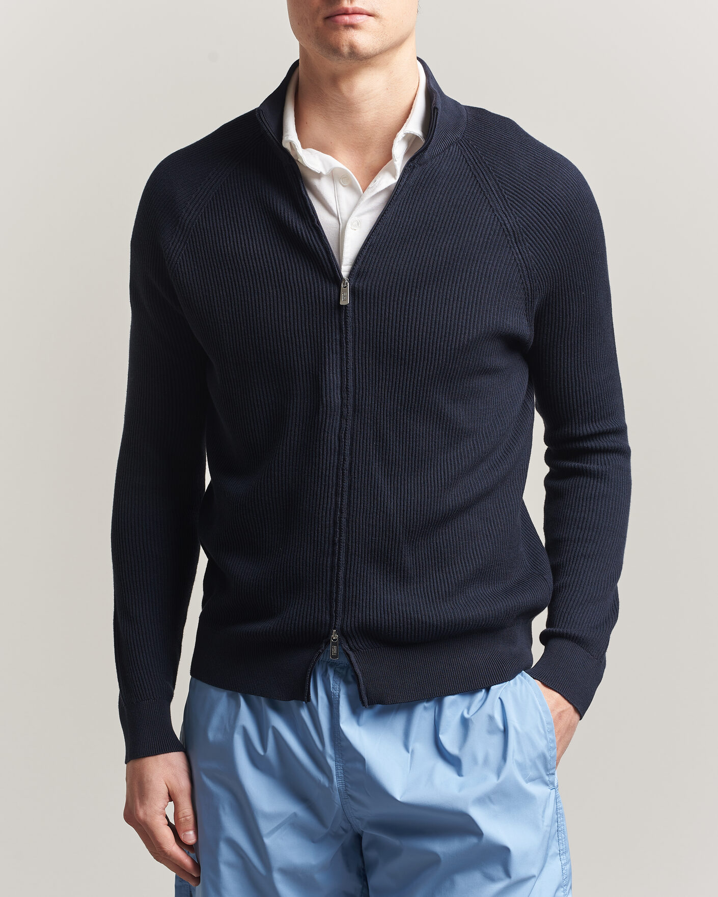 Herren | Pullover | Fedeli | Giza Cotton Full Zip Sweater Navy