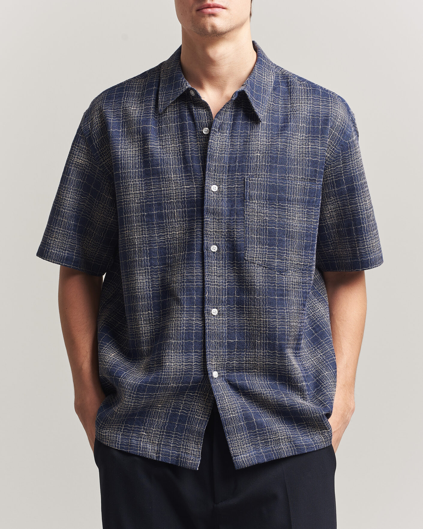 Herren | Hemden | Palmes | Cotton/Linen Short Sleeve Shirt Navy Check