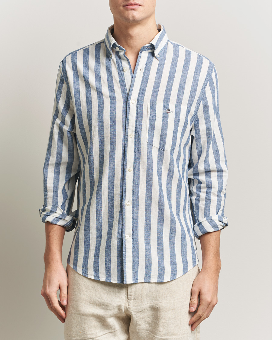 Herren | Hemden | GANT | Regular Fit Linen/Cotton Striped Shirt Vintage Blue