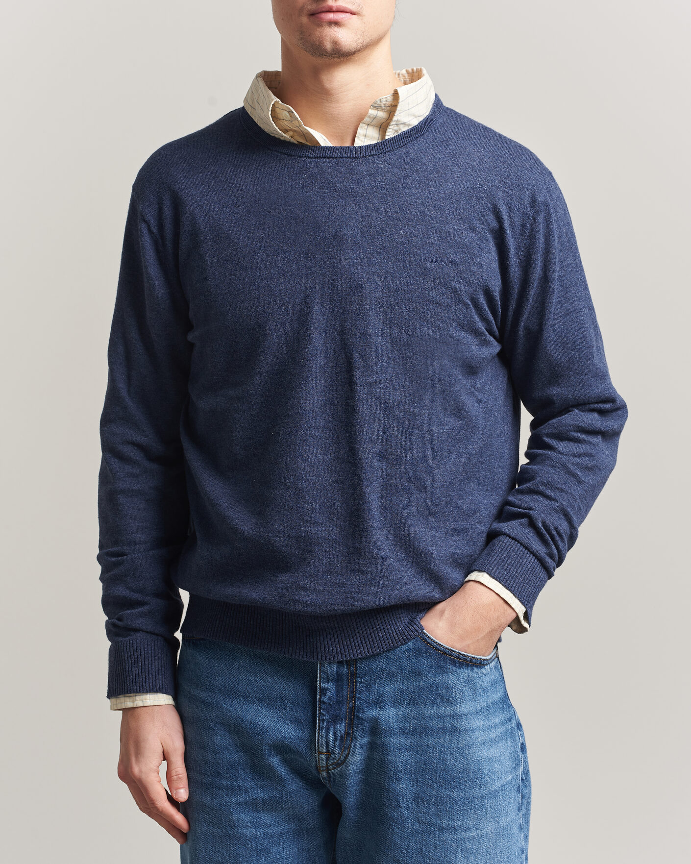 Herren | Pullover | Gant | Cotton/Linen Slub Knitted Sweater Dark Indigo Melange