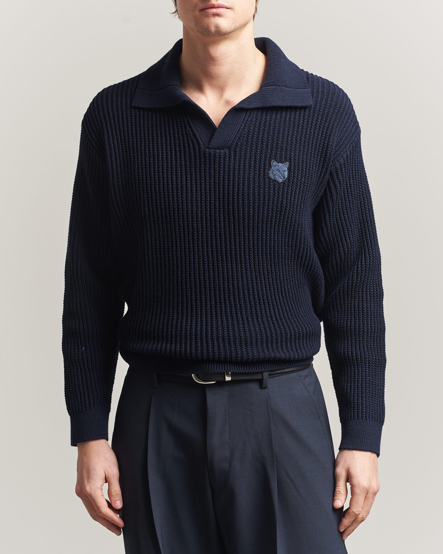 Herren | Poloshirts | Maison Kitsuné | Tonal Fox Head Rib Knitted Polo Navy